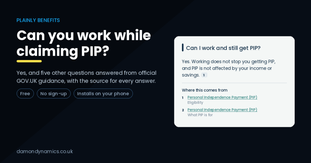 Plainly Benefits answering whether you can work while claiming PIP, with GOV.UK source links